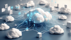 An abstract representation of a cloud and a network of connected devices with data flowing between them, symbolizing the flexibility and efficiency of clou