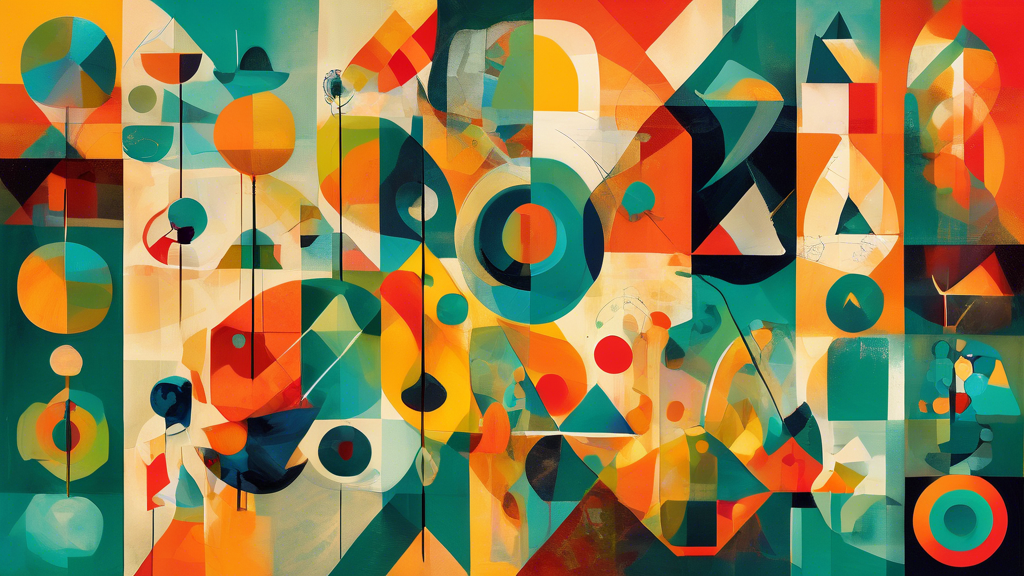 A collage of abstract shapes and figures, representing the intersection of ethics, technology, and sustainability. The colors should be vibrant and optimis