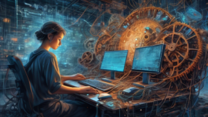 A stunning digital painting of a person using a computer to decode valuable information from a huge pile of data, with gears, wires, and other elements rel