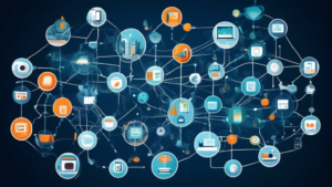 An internet of things (IoT) network connecting a variety of devices, including smart home appliances, sensors, and wearable devices, represented as a compl