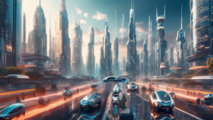 A futuristic cityscape with towering skyscrapers, AI-powered vehicles, and robots interacting seamlessly with humans, symbolizing the transformative impact